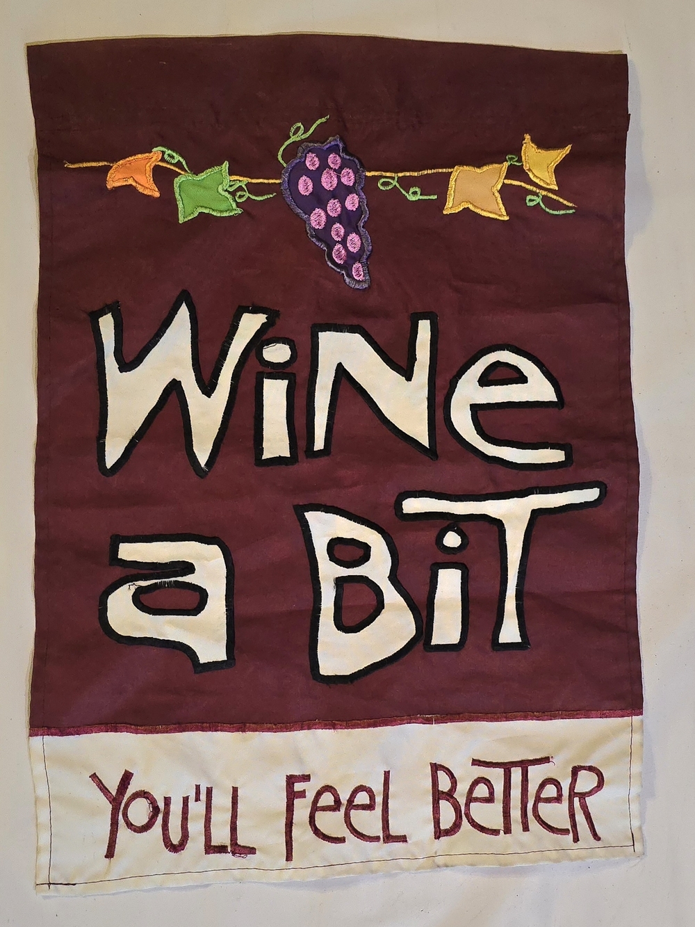 Wine a Bit Garden Flag 12x17 Embroidered Applique Burgundy 1.5" Rod Pocket